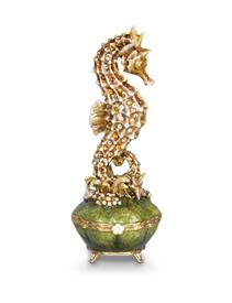 _,GOLDEN ELLIOTT SEAHORSE BOX. 18K GOLD OVER PEWTER, HAND ENAMELED AND SET WITH SWAROVSKI CRYSTALS. MADE IN THE UNITED STATES. 5.5" TALL.   