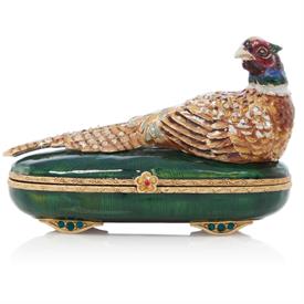 -,BRIDGET PHEASANT BOX. 4" TALL, 4" WIDE, 1.5" LONG. 14K GOLD FINISHED, HAND ENAMELED & SET WITH SWAROVSKI CRYSTALS IN THE USA.             