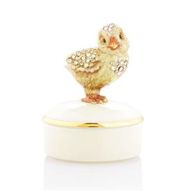 -,SAWYER CHICK ROUND PORCELAIN BOX WITH METAL HAND ENAMELED & HAND SET CRYSTAL CHICK FINIAL. 2.25" WIDE, 3" TALL                            