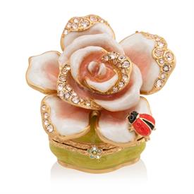 _,DIANA ROSE BOX IN FLORA & FAUNA. 14K GOLD FINISHED PEWTER HAND ENAMELED & SET WITH SWAROVSKI CRYSTALS. 2" WIDE, 2" TALL                   