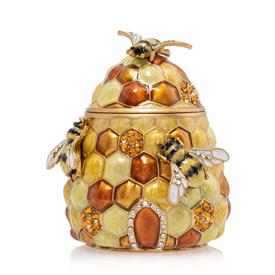 -,HONEY BEEHIVE BOX. HAND ENAMELED & SET WITH SWAROVSKI CRYSTALS. 2.5" WIDE, 3" TALL                                                        