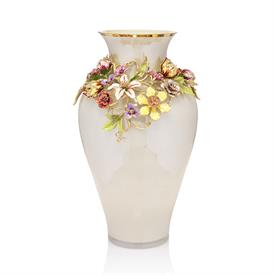-,LOUISA DUTCH FLORAL VASE. GLASS VASE W/ A GARLAND OF HAND ENAMELED 14K GOLD FINISHED PEWTER W/ SWAROVSKI CRYSTALS. MADE IN THE USA. 21"T  