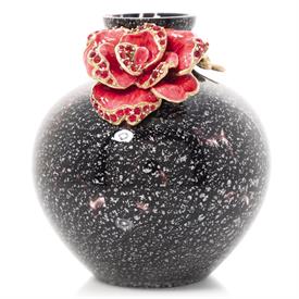 -,AYLA SMALL NIGHT BLOOM ROSE VASE.4.5" TALL, 4" WIDE. 14K MATTE GOLD FINISHED PEWTER HAND-ENAMELED & SET WITH CRYSTALS OVER GLASS.         