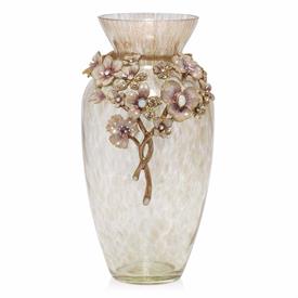 -,POLLY VASE IN PALE PINK. 8" TALL, 4" WIDE. 18K GOLD PLATED METAL HAND ENAMELED & SET WITH SWAROVSKI CRYSTALS ON A GLASS BASE.             