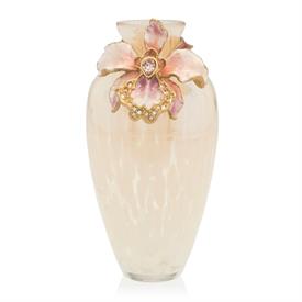 -,AUDRA MINI ORCHID VASE IN BLUSH. CREAM SPECKLED VASE TOPPED WITH 14K GOLD PLATED, HAND ENAMELED ORCHID WITH CRYSTALS. 5" TALL             