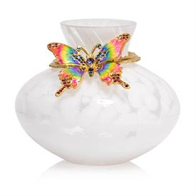 -,LORELEI BUTTERFLY VASE. WHITE SPECKLED GLASS VASE TOPPED WITH A 14K GOLD PLATED, HAND ENAMELED & CRYSTALED BUTTERFLY. 5" TALL, 6" WIDE    