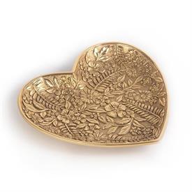 -,COLLEEN GOLD FLORAL HEART TRINKET TRAY. CAST PEWTER FINISHED IN 18K GOLD. HAND CRAFTED IN RHODE ISLAND. 5.5" WIDE, 4.75" LONG             
