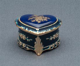 -SMALL BLUE AND GOLD HEART SHAPED MUSIC BOX. PLAYS THE MUSIC OF THE NIGHT BY ANDREW LLOYD WEBBER                                            