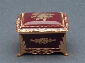 -SMALL RED AND GOLD ROSE RECTANGLE SHAPED MUSIC BOX. PLAYS SOMEWHERE OUT THERE BY JAMES HORNER                                              