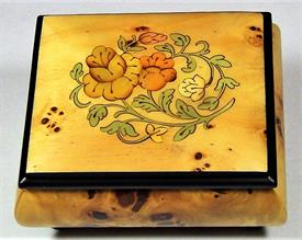 -,ROSE FLORAL INLAID WOOD MUSIC BOX. PLAYS 'CANON IN D'                                                                                     