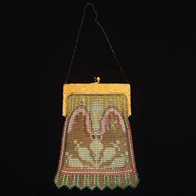 ,1920'S ENAMELED CHAIN MESH FLAPPER PURSE WITH ENAMELED FRAME. METAL TAG. 5" WIDE, 8" LONG, 15.25" CHAIN                                    