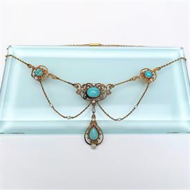 ,VICTORIAN ERA 14K GOLD, TURQUOISE & FRESHWATER PEARL CHANDELIER NECKLACE. 14.75" LONG WITH 2" DROP. 10.1 GRAMS                             