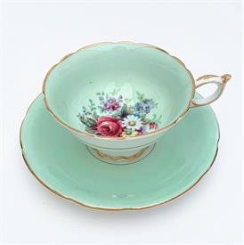 ,PARAGON DOUBLE WARRANTED MINT GREEN & WHITE TEA CUP & SAUCER WITH FLORAL SPRAY INSIDE BOWL. CA. 1939-1949                                  