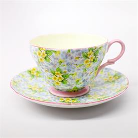 ,SHELLEY 'PRIMROSE CHINTZ' FOOTED TEACUP & SAUCER WITH PINK TRIM, HENLEY SHAPE CUP.                                                         