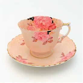 ,1930'S AYNSLEY PEACH TEA CUP & SAUCER WITH PINK CABBAGE ROSES & BLACK & GOLD ACCENTS.                                                      