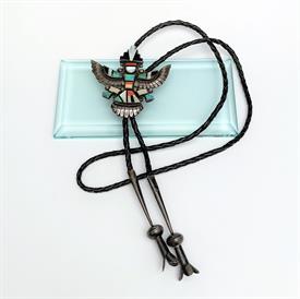 ,MID CENTURY ALONZO HUSTITO (ZUNI) KNIFEWING GOD BOLO NECKLACE. STERLING SILVER WITH TURQUOISE, MOTHER OF PEARL, CORAL & ONYX.              