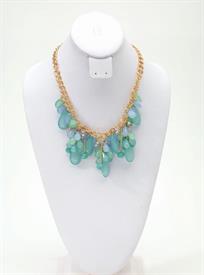 -SHADES OF BLUE TEARDROP GLASS BEADED NECKLACE, GOLD CHAIN.                                                                                 