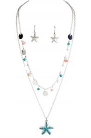 _THREE LAYERED SILVER & TURQUOISE SEA LIFE NECKLACE & EARRING SET                                                                           