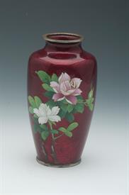 CLOISONNE VASE PIGEON BLOOD RED. PICK AND WHITE ROSES ON THE FRONT, RED-ON-RED BAMBOO PATTERN ON THE BAMBOO RIMS TRIMMED IN SILVER          