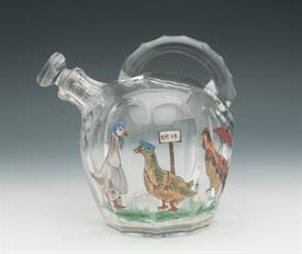,CLEAR HAND BLOWN RUM JUG WITH HAND PAINTED GEESE ATTRIBUTED TO ST LOUIS ONE SMALL CHIP ON SPOUT AND FLEA BITE ON BACK6"                    
