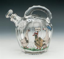 ,CLEAR HAND BLOWN RUM JUG WITH HAND PAINTED GEESE "CANCAN" STOPPER IS CHIPPED 7"T CAN BE ATTRIBUTED TO ST. LOUIS                            