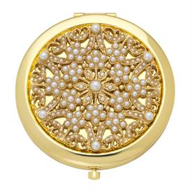 _,PEARL/JUNE COMPACT. GOLD FINISHED STAINLESS STEEL SET WITH FAUX PEARLS. DOUBLE MIRROR INTERIOR. 3" WIDE                                   