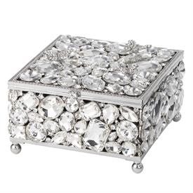 _,ROXY BOX. SILVER FINISHED CAST PEWTER HAND SET WITH CRYSTALS AND LINED WITH GREY MOIRE SILK. 5" WIDE, 3" TALL. MSRP $325.00               