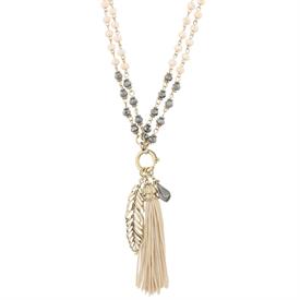 -PEACH & GREY FEATHER & TASSEL ADJUSTABLE NECKLACE (36" SINGLE OR 18" DOUBLE CHAIN)                                                         