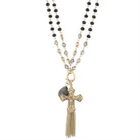-JET & GOLD CROSS & TASSEL ADJUSTABLE NECKLACE (36" SINGLE OR 18" DOUBLE CHAIN)                                                             