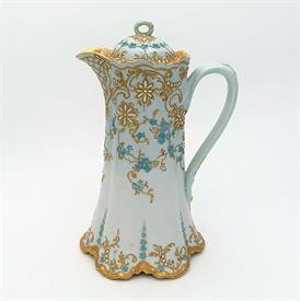 ,1888-1896 HAVILAND LIMOGES HAND PAINTED AND HAND-ENAMELED CHOCOLATE POT WITH BLUE FLOWER MOTIF. 8.75" TALL, 5.75" LONG, 4.75" WIDE         
