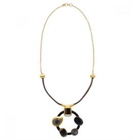 ,_NUBIA NECKLACE IN EXOTIC STONES AND WOOD, SET IN 14K GOLD PLATED BRASS ON A GOLDEN & LEATHER CHAIN.                                       