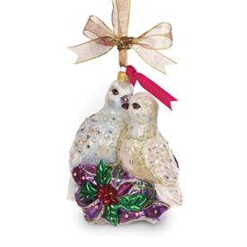 -2 TURTLE DOVES GLASS ORNAMENT. HAND DECORATED. 4" WIDE, 5.8" TALL                                                                          