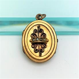 ,VICTORIAN ERA GOLD FILLED & SEED PEARL LOCKET. INTERIOR GLASS INTACT. 1.5" LONG, .95" WIDE                                                 