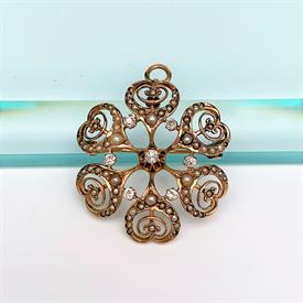 ,VICTORIAN/EDWARDIAN ERA 14K GOLD, DIAMOND & NATURAL SEED PEARL FLOWER BROOCH/PENDANT. 1.15" WIDE, 4.6 GRAMS                                
