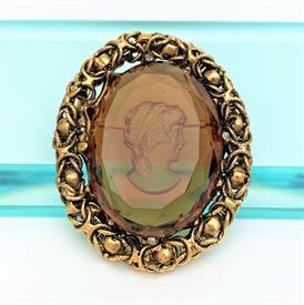 ,SIGNED PAULINE RADER REVERSE CUT GLASS CAMEO BROOCH/PENDANT. CA. 1960-1970'S. 2.25" LONG, 1.75" WIDE                                       