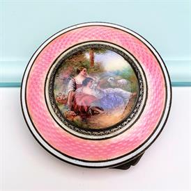 ,BEAUTIFUL .935 GILT SILVER & PINK GUILLOCHE ENAMELED PODER COMPACT WITH HAND PAINTED PASTORAL SCENE. 2.25" WIDE, .75" DEEP, 2.18 OZT       