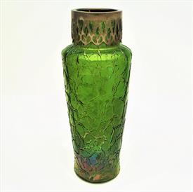 ,KRALIC CRACKLE GREEN IRIDESCENT GLASS VASE WITH PIERCED METAL RIM 9"T                                                                      