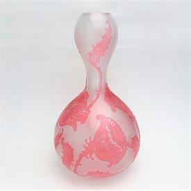 ,THOMAS WEBB CUT CAMEO GLASS VASE. PINK TO FROSTED CLEAR. SMALL CHIP ON INNER RIM. SOME RESIDUE INSIDE. 9.75"TALL                           