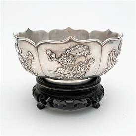 ,RARE LATE 19TH/EARLY 20TH CENTURY STERLING SILVER BOWL BY WANG HING (HONG KONG) WITH WOODEN STAND. 2.5" TALL, 5.25" WIDE, 7.93 OZT         