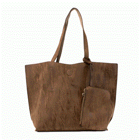 -,CHOCOLATE & TAUPE CARLY BRUSHED REVERSIBLE TOTE. 17" WIDE, 10" TALL                                                                       