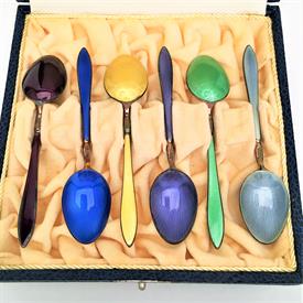 ,SET OF 6 GOLD WASHED STERLING SILVER DEMITASSE SPOONS WITH GUILLOUCHE ENAMELING IN ORIGINAL BOX. 3.8" LONG EACH. 2.05 TROY OUNCES.         