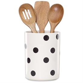 -4 PIECE UTENSIL HOLDER SET. INCLUDES 1 8" STONEWARE CROCK & 3 ACACIA WOOD UTENSILS. CHIP RESISTANT. BREAKAGE REPLACEMENT AVAILABLE.        