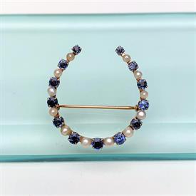 ,VICTORIAN ERA 14K GOLD, CULTURED PEARL & BLUE STONE (SAPPHIRE?) LUCKY HORSESHOE BROOCH. 1.25" LONG, 1.2" WIDE, 5.6 GRAMS                   