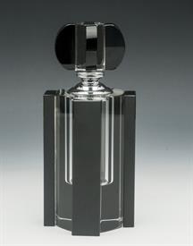 _,BLACK & CLEAR CYLINDER PERFUME BOTTLE. 7" TALL, 3.25" WIDE                                                                                
