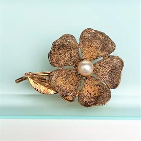 ,DANECRAFT GILT STERLING SILVER FLOWER BROOCH WITH PEARL CENTER. 1.75" LONG, 1.25" WIDE, .2 OZT                                             