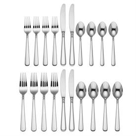 -20-PIECE SET. INCLUDES FOUR 5-PIECE PLACE SETTINGS. DISHWASHER SAFE STAINLESS STEEL. BREAKAGE REPLACEMENT AVAILABLE. MSRP $279.00          