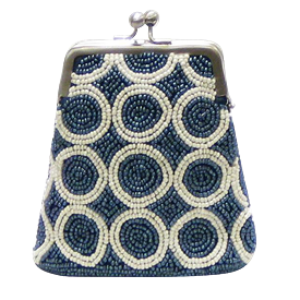 -,BLUE & IVORY BEADS COIN PURSE. 4.5" X 5"                                                                                                  