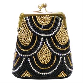 -,BLACK & GOLD BEADED COIN PURSE WITH CLEAR CRYSTALS. 4.5" LONG, 5" TALL                                                                    