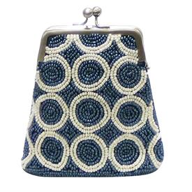-,BLUE & IVORY BEADED COIN PURSE. 4.5" LONG, 5" TALL                                                                                        