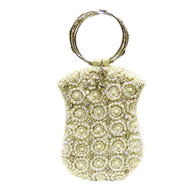 -,IVORY & PEARL BEADS WITH SILVER RING HANDLE MOBILE BAG. 5" WIDE, 7" LONG                                                                  